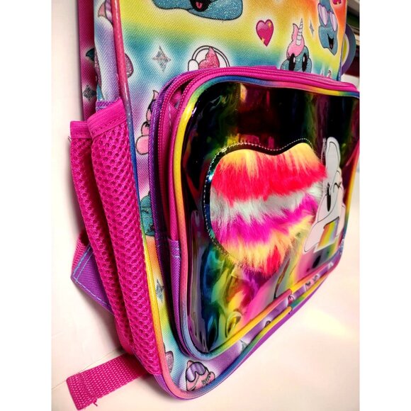 Rainbow Poop Emoji Backpack With Furry Heart Pocket For Kids - Picture 3 of 10